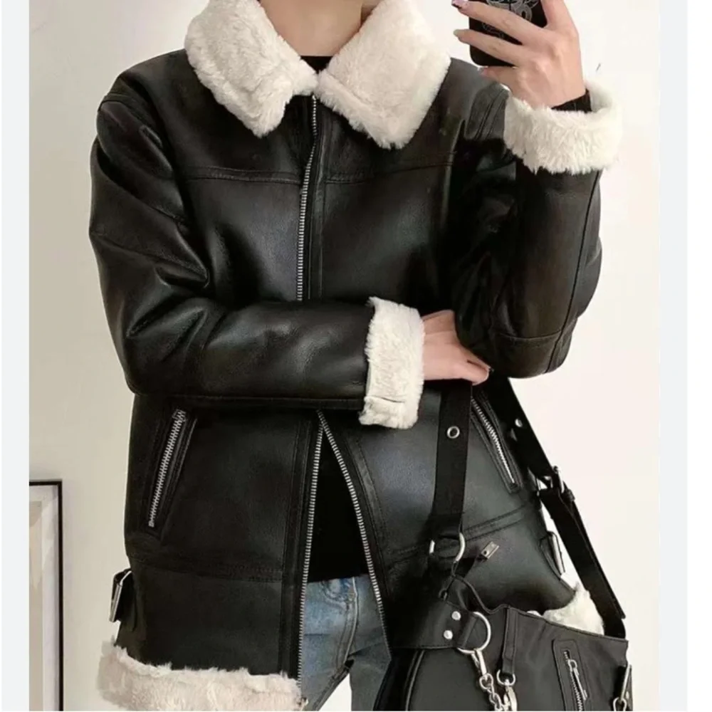 81 moto jacket faux leather faux fur zip up black coat jacket - Picture 3 of 13